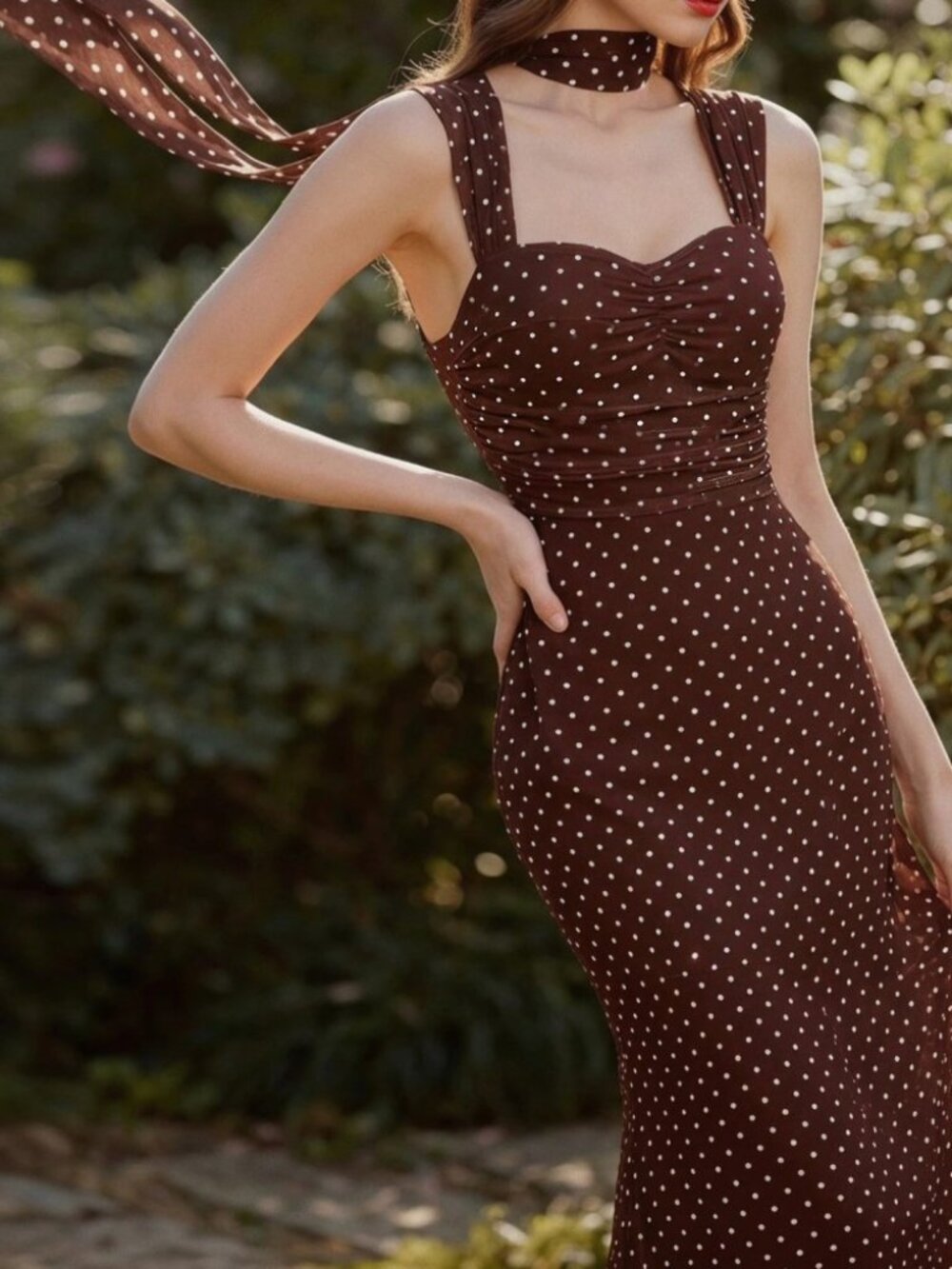 Brown Polka Dot Midi Dress with Attached Scarf Tie - Picture 4 of 7